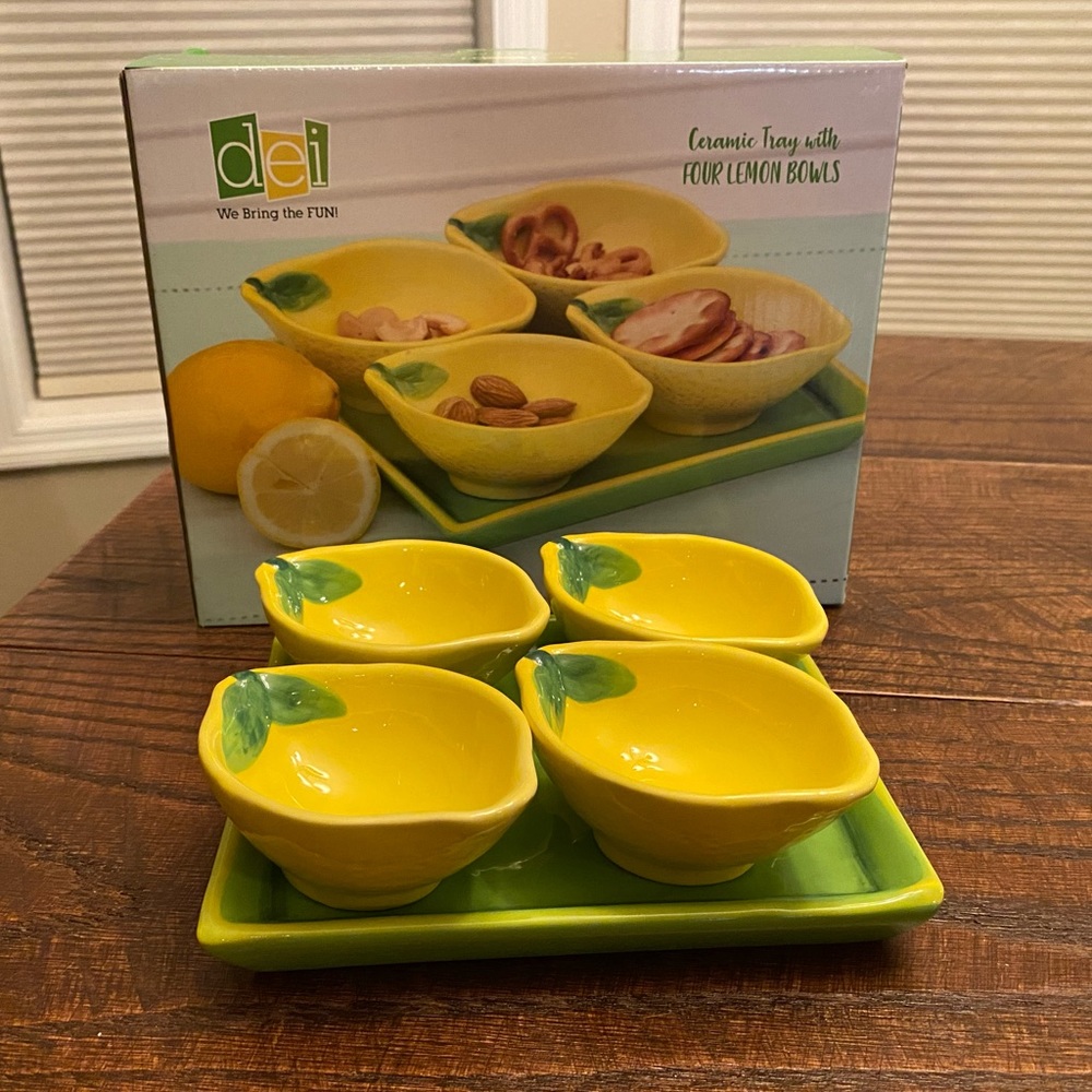 Small Lemon Ceramic Bowls & Ceramic Square Green Tray, Farmhouse Lemons Bowls
